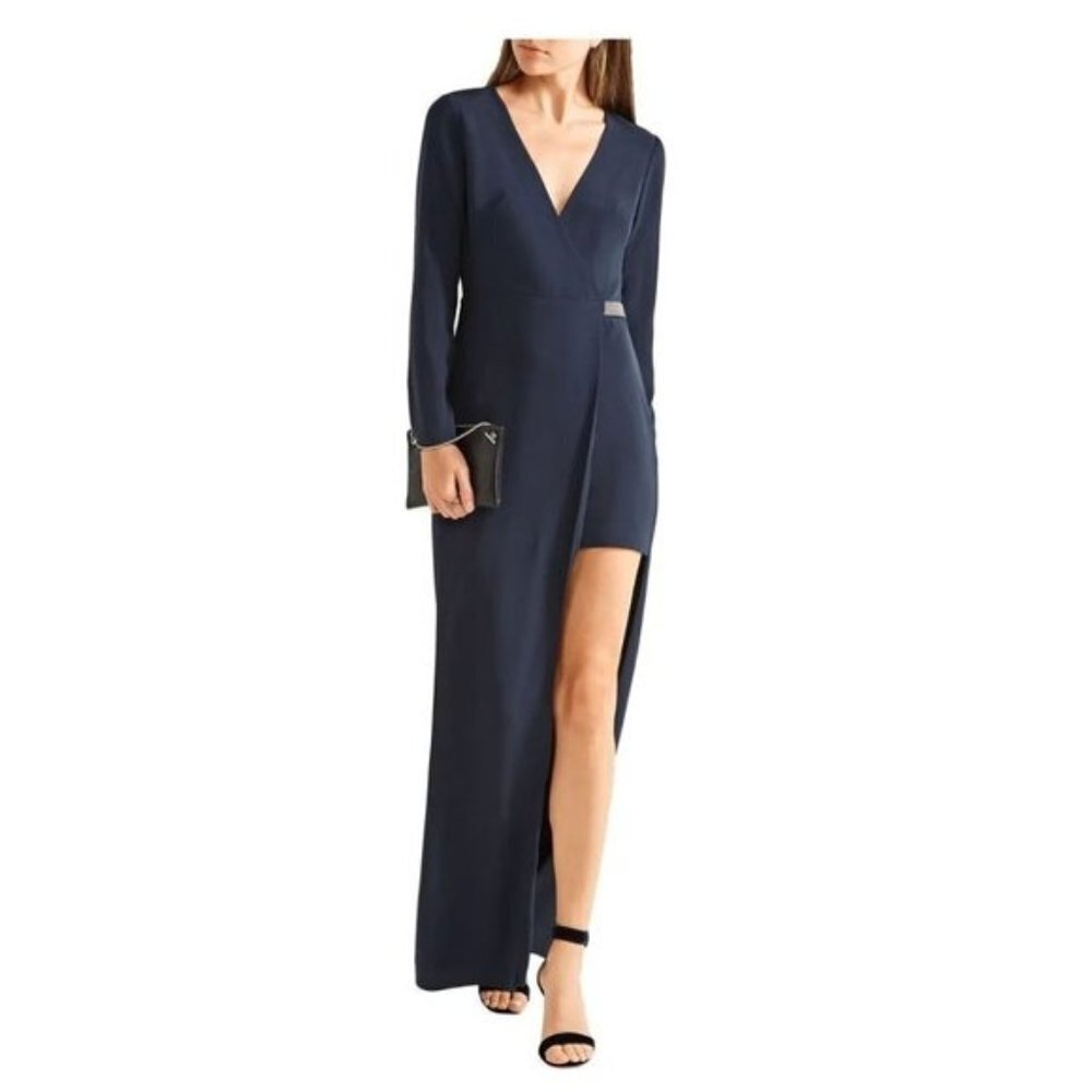 HALSTON Navy Asymmetric crepe wrap evening gown